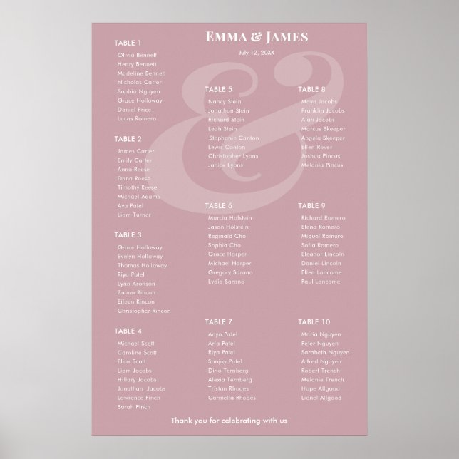 Póster Gráfico de asientos Bodas Mauve REVERSE Ampersand  (Frente)
