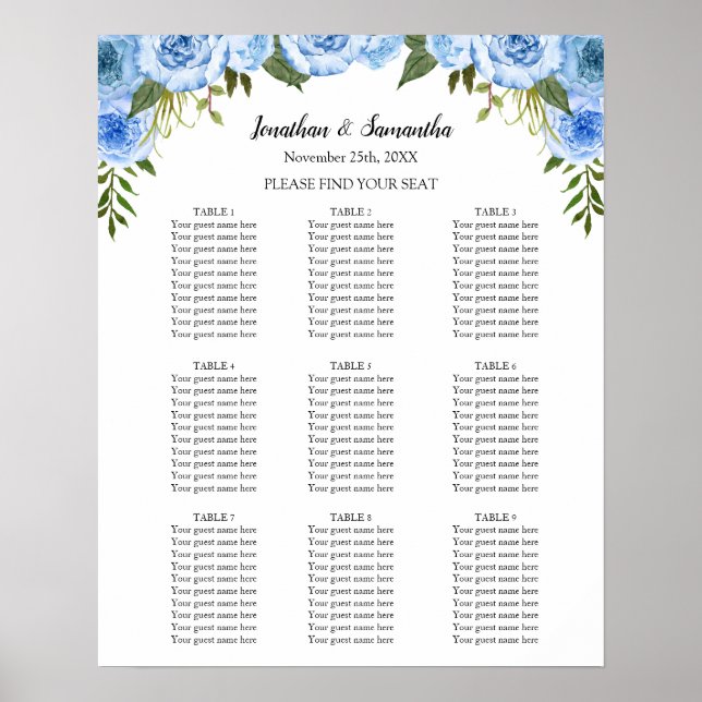 Póster Gráfico de asientos ceremonia de boda flores azule (Frente)