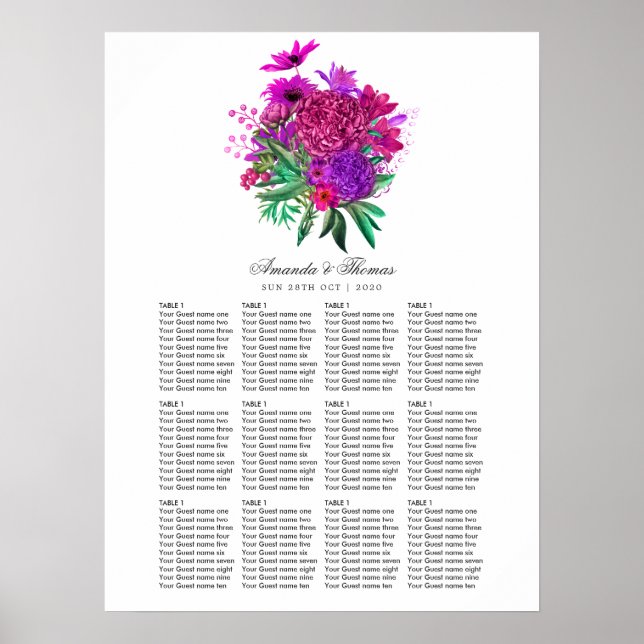 Póster Gráfico de asientos con flores púrpura y fucsia vi (Frente)
