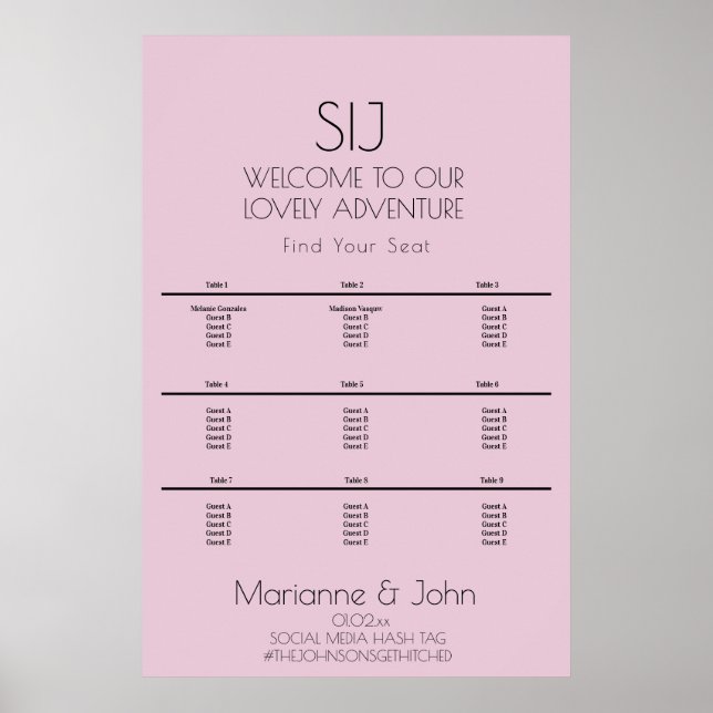 Póster Gráfico de asientos con logotipo de Boda rosa viol (Frente)