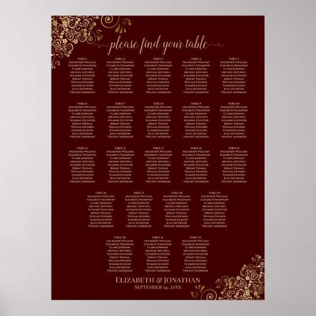 Póster Gráfico de asientos de 22 Bodas de mesa Auburn & G (Frente)