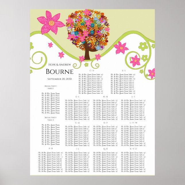 Póster Gráfico de asientos de árbol de flores Tabla alfab (Frente)