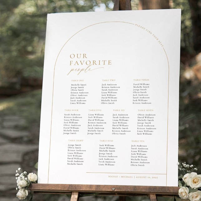 Póster Gráfico de Asientos de Bienvenida de 10 Mesas con  (Whimsical Script Black and White Wedding Seating Chart)