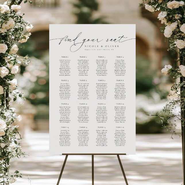 Póster Gráfico de Asientos de Bienvenida de 16 Mesas con  (Modern Script 16 Tables Welcome Seating Chart, Seating Plan)