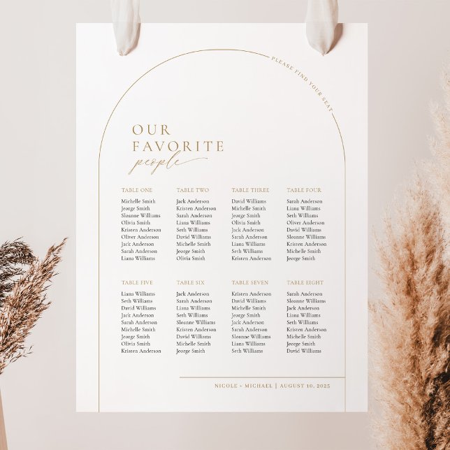 Póster Gráfico de Asientos de Bienvenida de 8 Mesas Elega (Gold Color Arch Seating Chart Our Favorite People )