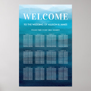 Póster Gráfico de Asientos de Boda Acuarela Océano Azul