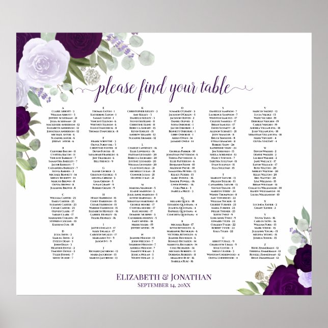 Póster Gráfico de asientos de Boda alfabético de Rosas mo (Frente)