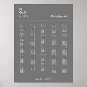 Póster Gráfico de asientos de Boda alfabético gris oscuro