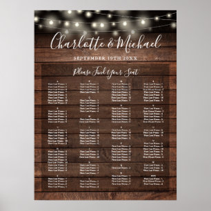 Póster Gráfico de Asientos de Boda Alfabetico Luces Rústi
