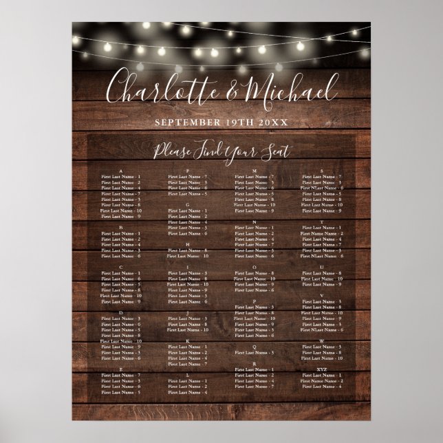 Póster Gráfico de Asientos de Boda Alfabetico Luces Rústi (Frente)