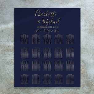 Póster Gráfico de Asientos de Boda Azul Marino y Dorado c