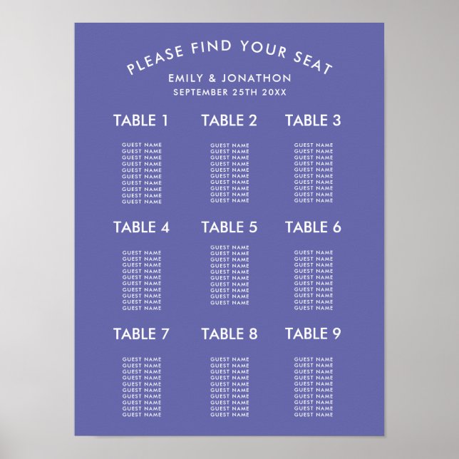 Póster Gráfico de Asientos de Boda Azul Simple (Frente)