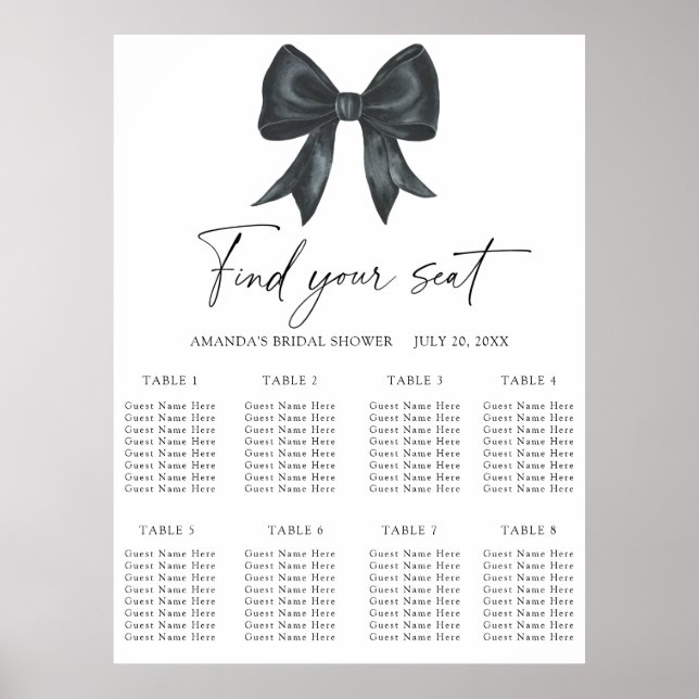 Póster Gráfico de asientos de Boda Black Bow (Frente)