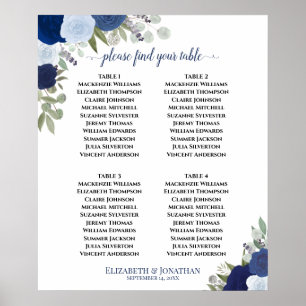 Póster Gráfico de Asientos de Boda Bohemio Floral Azul de