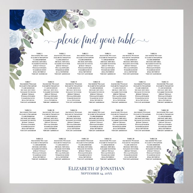 Póster Gráfico de Asientos de Boda Boho Azul con 26 Mesas (Frente)
