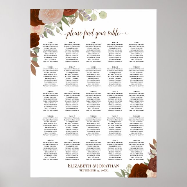 Póster Gráfico de Asientos de Boda Boho de 25 Mesas de Ro (Frente)
