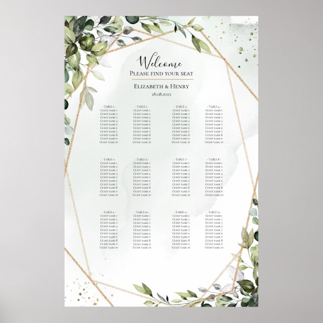 Póster Gráfico de asientos de boda boho de eucalipto dora (Frente)