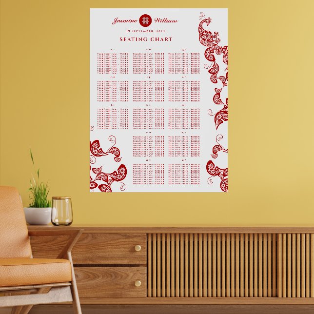 Póster Gráfico de Asientos de Boda Boho Peacock Floral Ro (Salón 2)