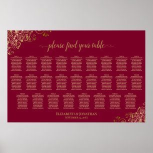 Póster Gráfico de Asientos de Boda Burgundy y Dorado de 2
