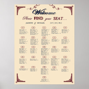 Póster Gráfico de Asientos de Boda Chic Burgundy Navy y M