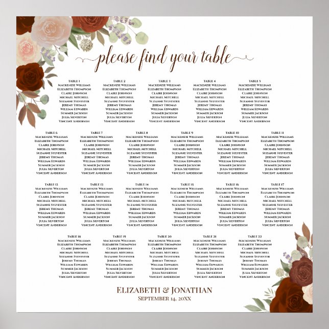 Póster Gráfico de Asientos de Boda Chic Floral Otoño 22 M (Frente)