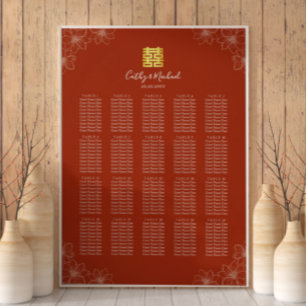 Póster Gráfico de asientos de boda chino floral rojo boho