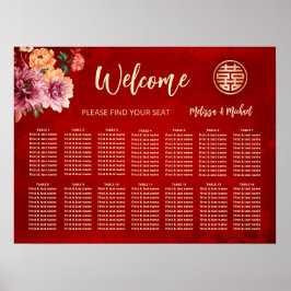 Póster Gráfico de Asientos de Boda Chino Rojo Peonía