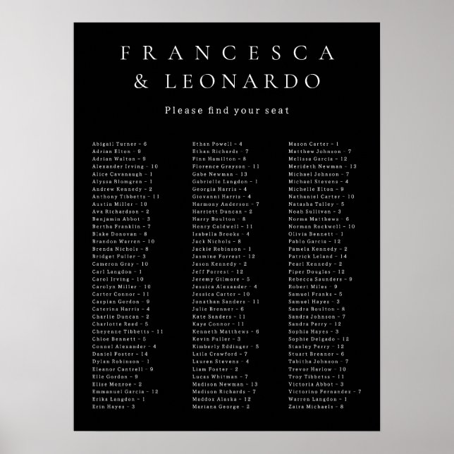 Póster Gráfico de Asientos de Boda Clásico Negro Simple (Frente)