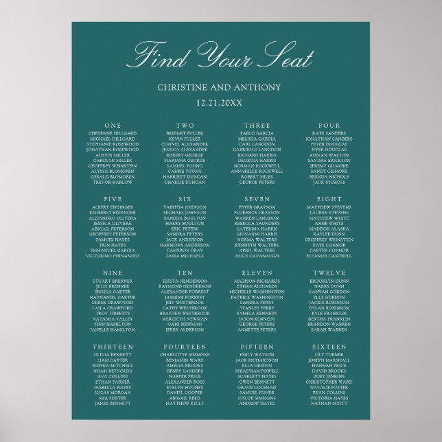 Póster Gráfico de Asientos de Boda Clásico Verde Teal de  (Frente)