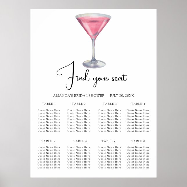 Póster Gráfico de asientos de boda cóctel acuarela (Frente)