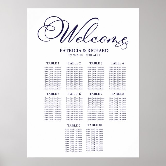 Póster Gráfico de Asientos de Boda con 10 Mesas Simple (Frente)