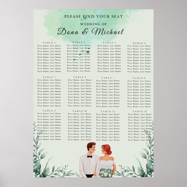 Póster Gráfico de asientos de boda con acuarela verde per (Frente)