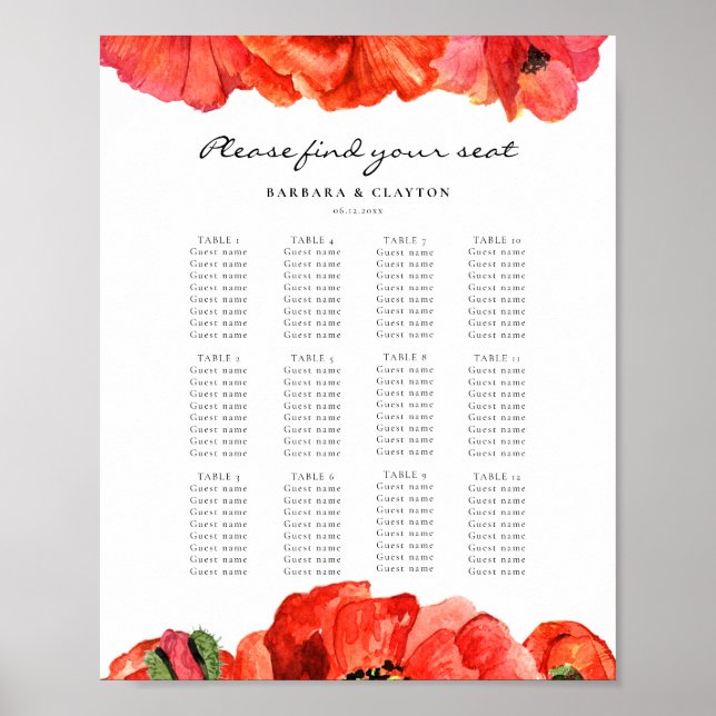 Póster Gráfico de asientos de boda con amapolas rojas en  (Frente)