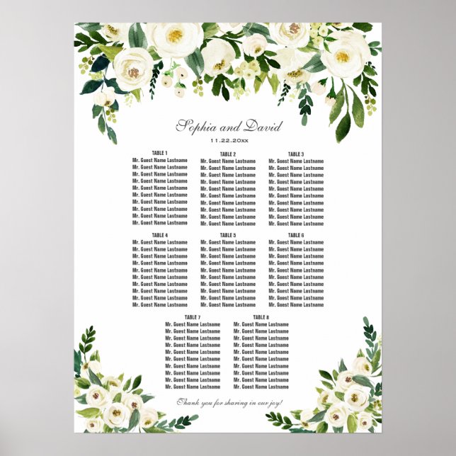Póster Gráfico de Asientos de Boda con Flores Blancas Enc (Frente)