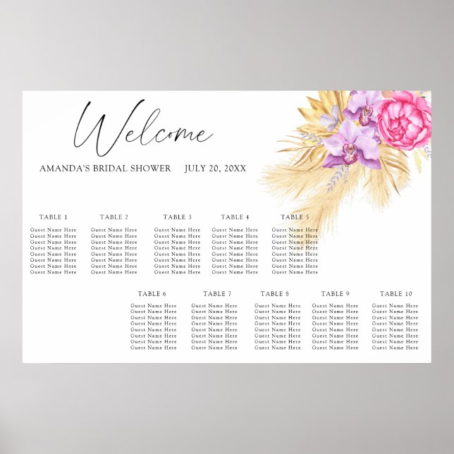 Póster Gráfico de asientos de boda con flores boho acuare (Frente)