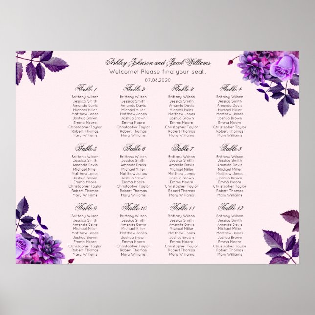Póster Gráfico de asientos de boda con flores púrpura. Fl (Frente)