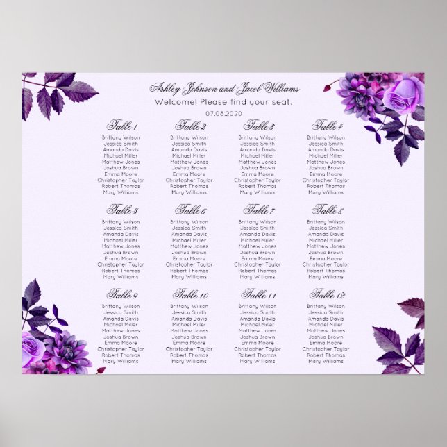 Póster Gráfico de asientos de boda con flores púrpuras. F (Frente)