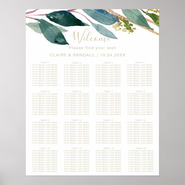 Póster Gráfico de Asientos de Boda con Follaje Chic Geomé (Frente)