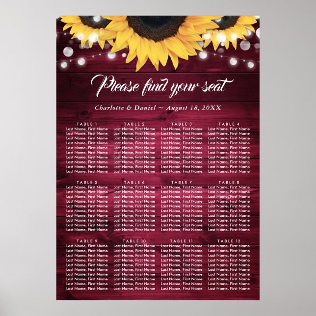 Póster Gráfico de Asientos de Boda con Girasoles de Borgo (Frente)