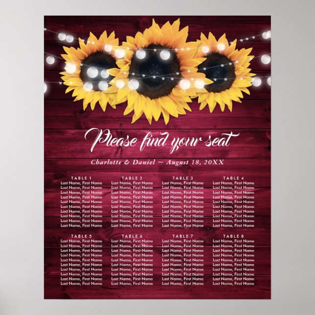 Póster Gráfico de Asientos de Boda con Girasoles Rústicos (Frente)