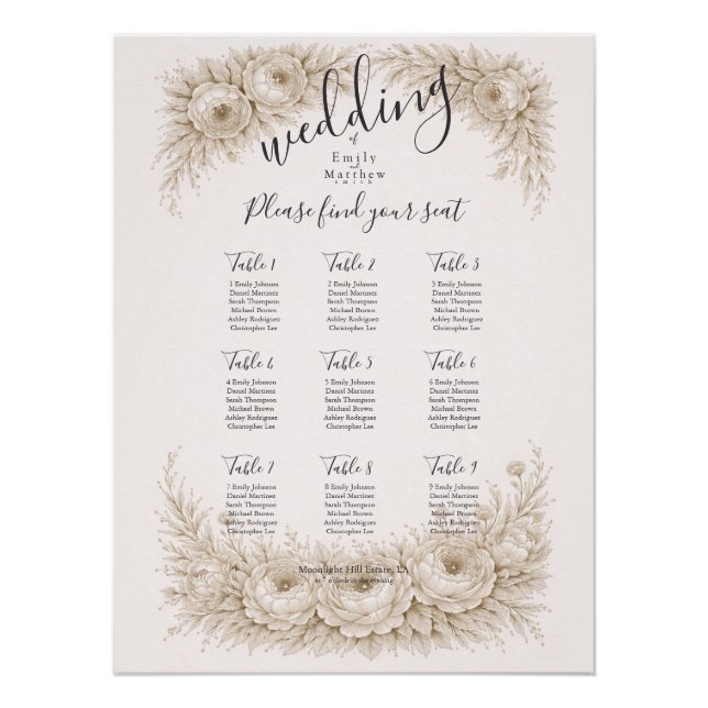Póster Gráfico de Asientos de Boda con Grabado Botánico R (Anverso)