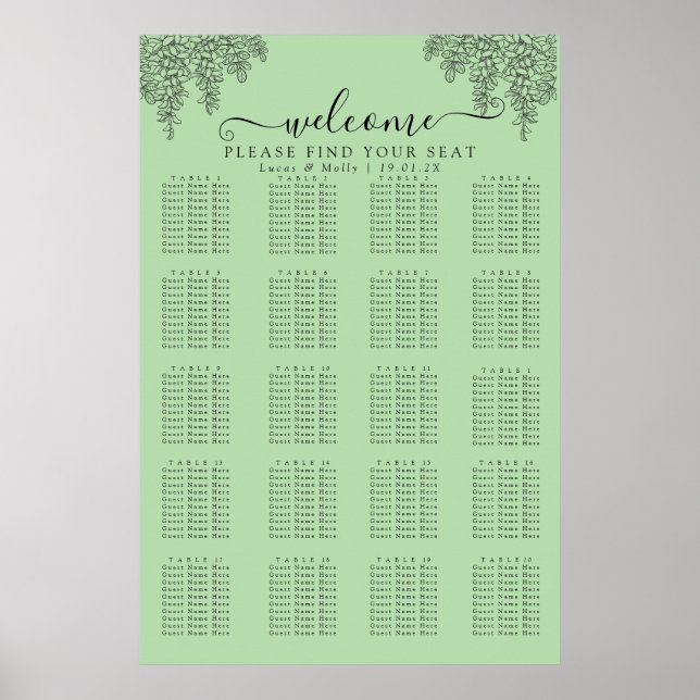 Póster Gráfico de Asientos de Boda con Hoja de Helecho Ve (Frente)