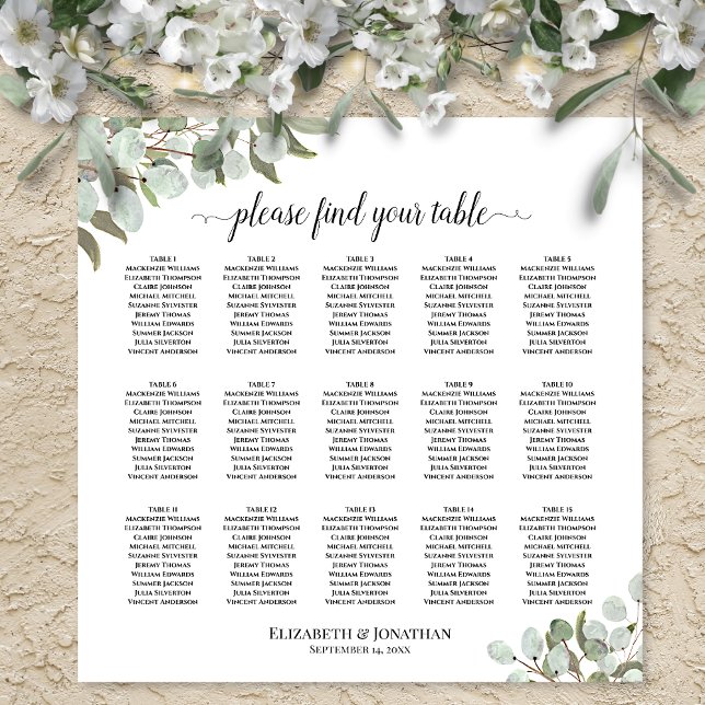 Póster Gráfico de Asientos de Boda con Hojas de Eucalipto (In Situ On Wall with Flowers)