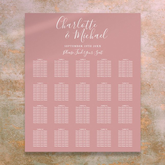 Póster Gráfico de Asientos de Boda con Letra Elegante Ros (Dusty Rose Elegant Script Wedding Seating Chart)