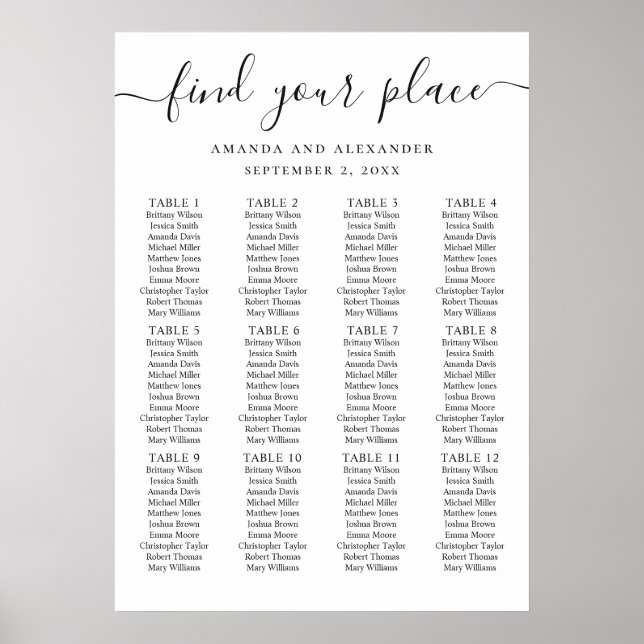 Póster Gráfico de asientos de boda con letra script en bl (Frente)
