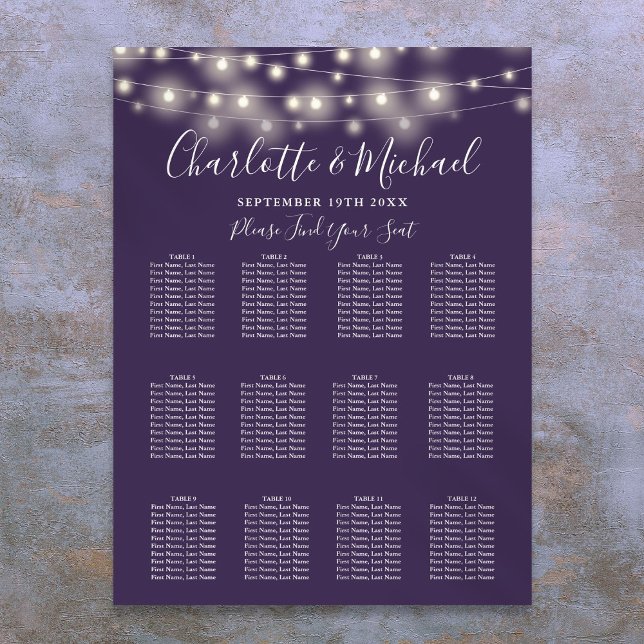 Póster Gráfico de Asientos de Boda con Luces de Cuerda Mo (Purple String Lights Wedding Seating Chart)