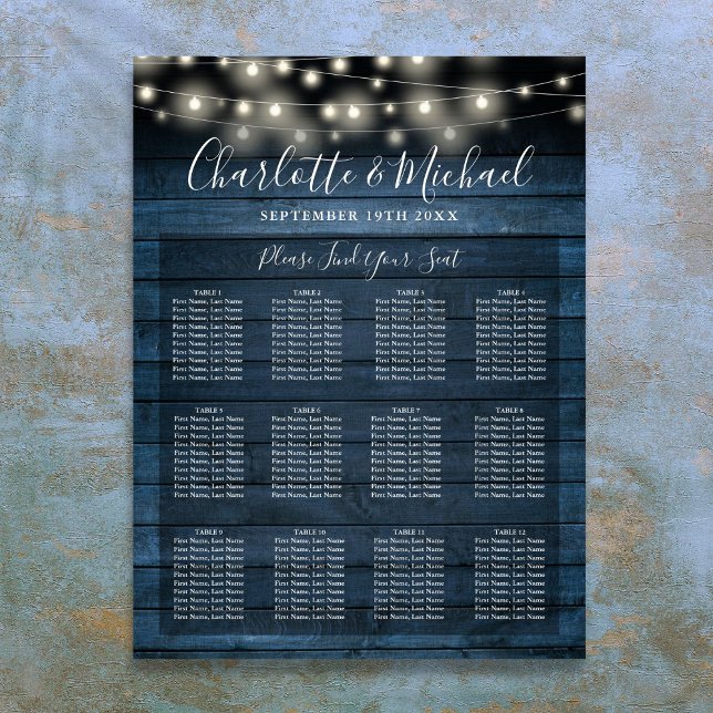Póster Gráfico de Asientos de Boda con Luces de Cuerda Rú (Blue Rustic String Lights Wedding Seating Chart)