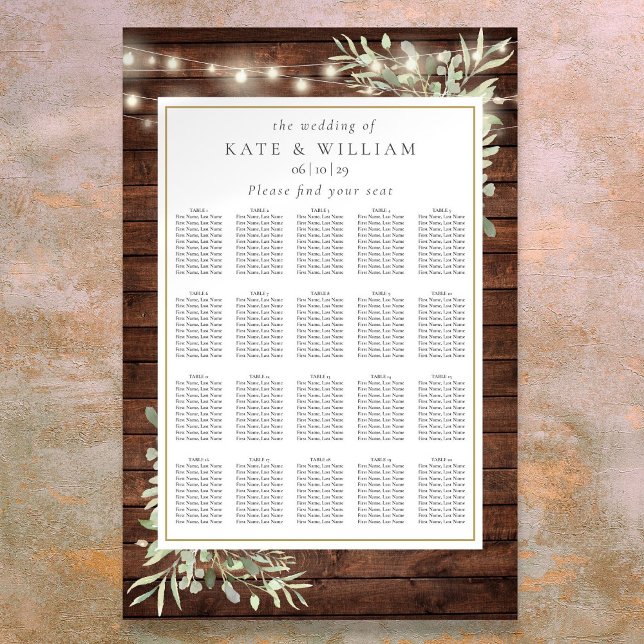 Póster Gráfico de Asientos de Boda con Luces de Cuerda Rú (Rustic String Light Greenery Wedding Seating Chart)