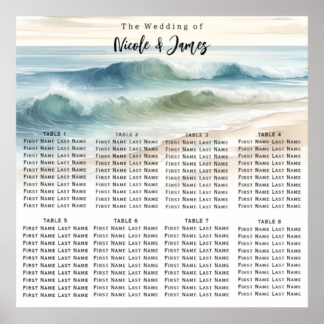 Póster Gráfico de Asientos de Boda con Olas de Playa en A (Frente)