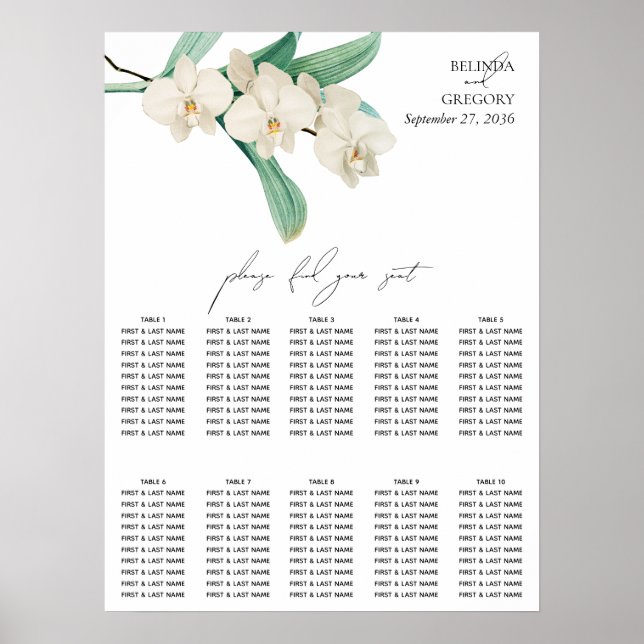 Póster Gráfico de Asientos de Boda con Orquídeas Blancas  (Frente)